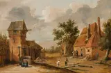Thomas van Apshoven, Flemish village with farmers at work, oil on panel, parqueted