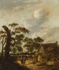 Jan Wijnants, Landscape with figure staffage and a farmhouse, oil on panel