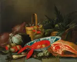 Pseudo-Simons, Still life with lobster, fruit and vegetables, oil on canvas