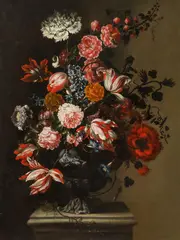 Francesco Caldei, Flower still life in a relief vase, oil on canvas