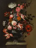 Francesco Caldei, Flower still life in a relief vase, oil on canvas