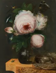 Melchior Brassauw, Roses in a glass vase, insects and bird's nest, 1752, oil on panel