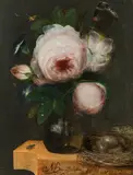 Melchior Brassauw, Roses in a glass vase, insects and bird's nest, 1752, oil on panel