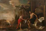 Cupid presents his wings to Cronus by Johann Heinrich Schönfeld, oil on canvas, sold Jun 2020
