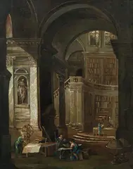 Ludvík Kohl, Library with scholars, oil on canvas, unframed