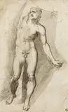 Charles Le Brun, Male nude (study), chalk and pen in black, wash, watermark