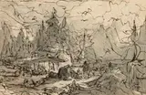 Friedrich Gauermann, Mountain hut in Berchtesgaden, india ink wash on paper