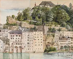 Jakob Alt, Salzburg, Innerer Stein and Capuchin Abbey, c. 1850, watercolour on paper