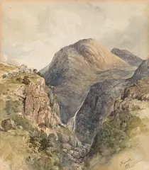 Anton Hansch, Mountain landscape with waterfall (Tivoli?), 1855, watercolour on paper