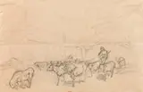 Friedrich Gauermann, Cattle; reverse: farmstead with herd of cattle, pencil on paper