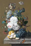 Leopold Zinnögger, Flower still life with apples and grapes, gouache on paper