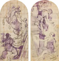 Hans Canon, Two studies for murals, 1885, pencil, watercolour on paper