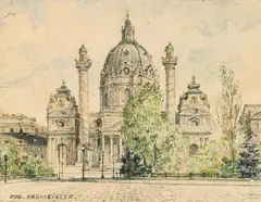 2 pieces: Karlskirche and Old University in Vienna by Rudolf Sagmeister, watercolour on paper, offered Jun 2020
