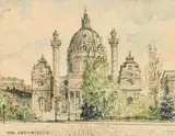 Rudolf Sagmeister, 2 pieces: Karlskirche and Old University in Vienna, watercolour on paper
