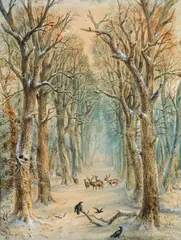 Hermann Moritz Wunderlich, Stags in a forest in winter, 1871, gouache on paper