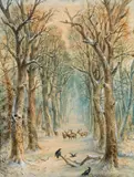 Hermann Moritz Wunderlich, Stags in a forest in winter, 1871, gouache on paper