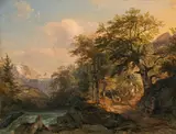 Joseph Höger, Forest landscape with view of Watzmann mountain, oil on paper on canvas