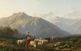 Mountain landscape with shepherdess and flock by Alfred Edouard Agenor van Bylandt, oil on canvas on hardboard, sold Jun 2020