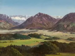 Rosental with Ferlacherhorn and Hollenburg Castle, Koschuta mountain range in the background by Markus Pernhart, c. 1852, oil on paper on canvas, sold Jun 2020