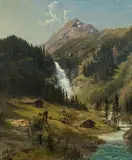 Ludwig Halauska, Mountain landscape with waterfall, oil on canvas on cardboard