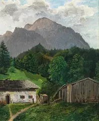 Anton Schiffer, Pasture landscape with a farmstead, oil on paper on canvas