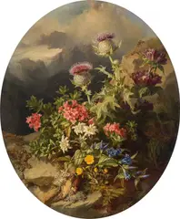 Andreas Lach, Still life with alpine flowers and Dachstein Mountain in the background, 1854, oil on cardboard, unframed