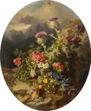 Andreas Lach, Still life with alpine flowers and Dachstein Mountain in the background, 1854, oil on cardboard, unframed