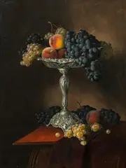 Ferdinand Küss, Still life with peaches and grapes in a silver bowl, 1847, oil on canvas