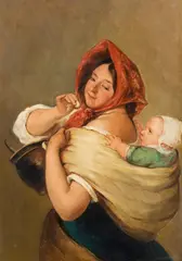 Peter Fendi, Mother carrying child, oil on panel