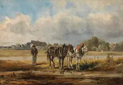 Ignaz Ellminger, Horses at a watering place, oil on panel