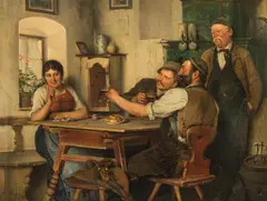 Josef Kinzel, Tavern scene with peasants drinking, 1889, oil on canvas