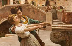 Antonio Ermolao Paoletti, At the fountain in Venice, oil on panel
