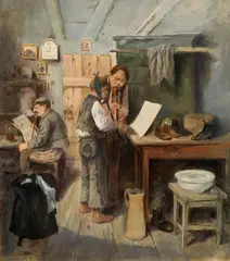 Ernst Juch, Klarinettestunde in der Schusterwerkstatt, oil on panel