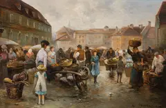 Emil Barbarini, Market in Krems, oil on panel