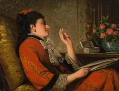 Josef Büche, Smoking lady in an armchair, oil on panel