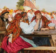 Hans Tschelan, Village fair in Slovakia, oil on panel
