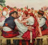 Hans Tschelan, Parish fair in Slovakia, oil on panel