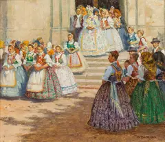 Hans Tschelan, Slovakian wedding party leaving the church, oil on panel