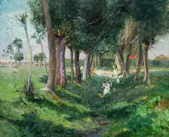 Landscape with trees and geese by Karl Mediz, 1890, oil on canvas, sold Jun 2020