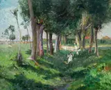 Karl Mediz, Landscape with trees and geese, 1890, oil on canvas