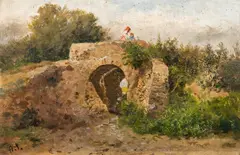 Anton Schrodl, Bridge in Hungary, oil on canvas on cardboard