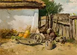 Anton Schrodl, Hungarian farmyard, oil on cardboard