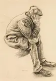 Albert Birkle, Bearded worker with coat and hat, seated with head resting on his hand, 1924, charcoal on paper