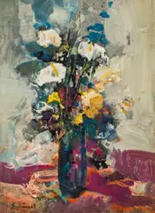 Eugen Jussel, Still life with flowers, oil on cardboard
