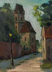 Hans Fronius, Perchtoldsdorf, 1962, oil on hardboard
