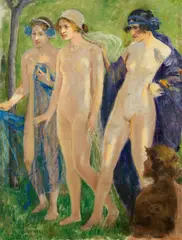 Three nymphs and a satyr by Johann Victor Krämer, 1921, oil on canvas, sold Mar 2020