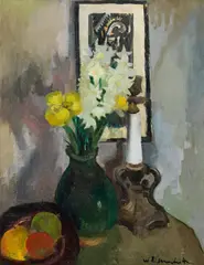 Willy Eisenschitz, Still life with flower vase, fruits and candles, c. 1918, oil on canvas