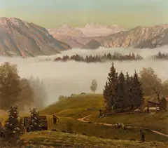Anton Filkuka, Alpine landscape with fog (Dachstein), oil on canvas