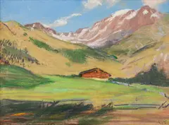 Max von Esterle, Mountain landscape with chalet, pastel on paper