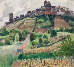 Igo Pötsch, Old town in the vineyards, oil on paper on cardboard
